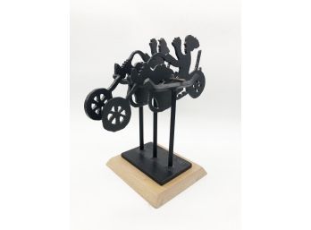 (100) VINTAGE KINETIC STEEL SCULPTURE BY CHARLES RINGER - 'BIKERS' - MOVABLE ART PAIR OF MOTORCYCLISTS - 1994