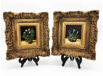 (42) PAIR OF HAND PAINTED MINIATUTRE FLORALS & STRAWBERRIES IN ORNATE GOLD FRAMES - BELGIUM - 9'