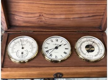 (122) VINTAGE 'NOBILIS' FRENCH CLOCK TRIO WITH BAROMETER & HYGROMETER IN WOOD CASE