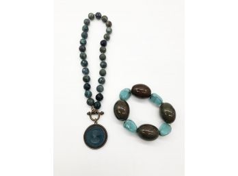 (J19) LOT OF 2 ITEMS-BLUE & BROWN LARGE TURQUOIS BRACELET & EXTASIA BEADED GLASS CAMEO NECKLACE 20'L