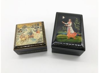 (54) TWO RUSSIAN ENAMEL HAND PAINTED WOOD TRINKET BOXES