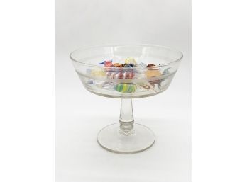 (75) GLASS COMPOTE BOWL WITH TWENTY GLASS CANDIES - 7' TALL, 3' CANDY PIECES