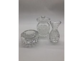 (11) THREE PIECES OF WATERFORD CRYSTAL - ASHTRAY, BUD VASE & COVERED MUSTARD JAR