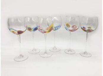 (82) LOT OF SIX BLOWN GLASS WINE GLASSES - COLORFUL SWIRLS - ONE HAS FLEA BITE CHIP ON RIM