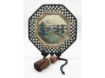 (35) MACKENZIE CHILDS OCTAGONAL CERAMIC PLATE & ONE TASSLE - PLATE HAS SOME WEAR TO GOLD