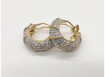 (J16) LARGE HEAVY GOLD TONE AND FAUX DIAMOND PIN STYLE EARRINGS