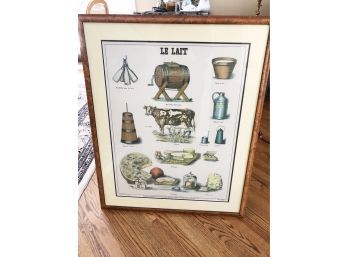(106) VINTAGE PARIS FRENCH TEACHING ART PRINT - 'LE LAIT' MILK PRODUCTS -CHEESE, COWS -FRAMED 40'x32'- 1 OF 3