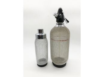 (47) MESH AND GLASS SODA / SELTZER SIPHON & MATCHING COCKTAIL SHAKER