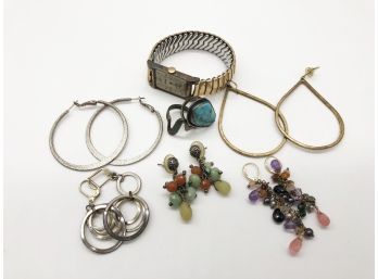(J9) JEWELRY LOT -2 STERLING & TURQUOISE RINGS, 5 PR. COSTUME EARRINGS & 10KT GF WATCH NO GLASS NOT WORKING