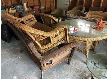 WICKER PATIO FURNITURE SET - ROUND TABLE W/4 CHAIRS - TWO SOFAS - COFFEE TABLE & TWO ARMCHAIRS