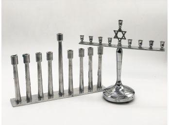 (51) LOT OF TWO SILVER MENORAHS - ONE MUSICAL DOES NOT WORK