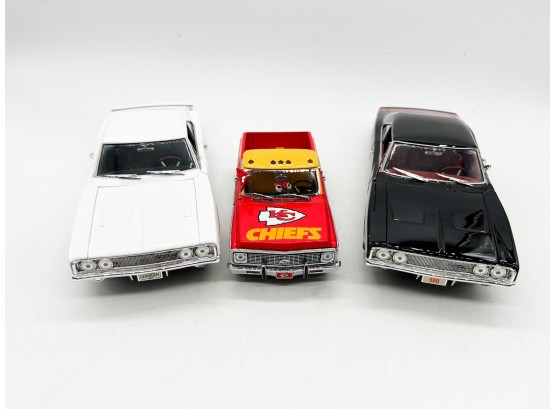 A-68- LOT OF THREE DIE CAST COLLECTIBLE CARS - 1969 DODGE, 1972 CHEVY CHEYENNE, DODGE