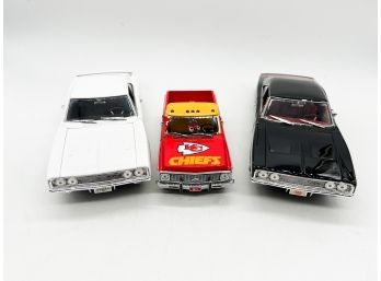 A-68- LOT OF THREE DIE CAST COLLECTIBLE CARS - 1969 DODGE, 1972 CHEVY CHEYENNE, DODGE