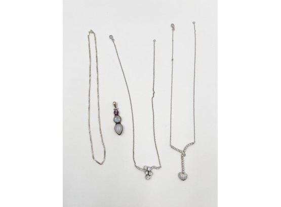 (48) LOT OF 4 STERLING SILVER PIECES OF JEWELRY-2 NECKLACES W/FAUX DIAMONDS, 1 PENDENT W/OPAL & 1  NECKLACE