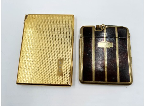 (142) LOT OF 2 VINTAGE CIGARETTE CASE LIGHTERS-RONSON AND COLIBRI GOLD TONE-COLIBRI IS ENGRAVED-UNTESTED
