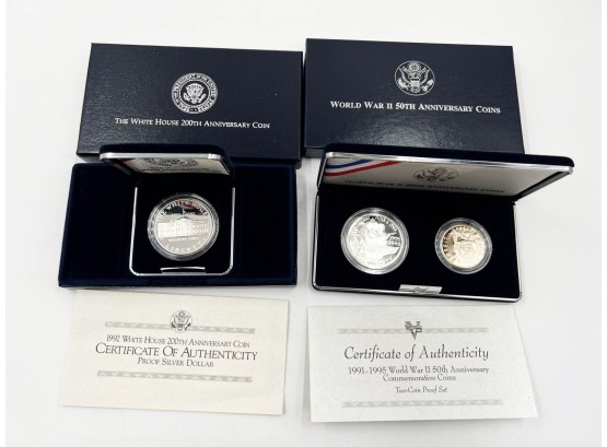 (129) LOT OF 2 SILVER COIN PROOFS SETS-'THE WHITE HOUSE 200TH ANNIV. & WW11 50TH ANNIV.