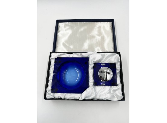 (101) COBALT BLUE GLASS MATCHING TABLETOP ASHTRAY AND LIGHTER LIKE NEW