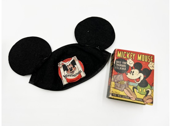 (70) LOT OF 2 ITEMS-1933 EDITION MICKEY MOUSE SAILS FOR TREAURE ISLAND PLUS ORIG.MICKEY MOUSE HAT-AS IS