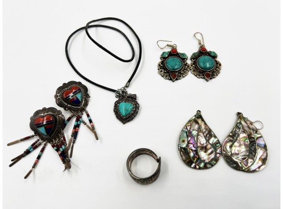 (34) LOT OF 4 STERLING SILVER AND SOUTHWESTERN STYLE JEWELRY-1 NECKLACE , 3 PAIR EARRINGS AND 1 RING