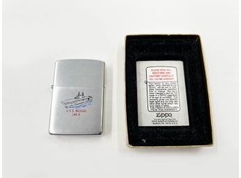 (131) VINTAGE 1987 ZIPPO LIGHTER-INSCRIBED USS NASSAU-LOOKS LIKE ITS NEVER NBEEN USED BUT MISSING TOP OF BOX
