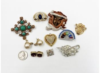 (4) LOT OF 10 COSTUME JEWELRY PIECES-EARRINGS, PINS AND BROOCHES-1 CHR. DIOR, KJL & PEP