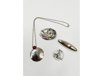 (J-81) THREE STERLING SILVER PINS & 'MODERN KINETIC NECKLACE' BY LEWIS & HUBENER