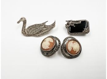(J-77) FOUR VINTAGE STERLING SILVER MARCASITE PIECES - 925 & CAMEO EARRINGS, SWAN PIN &BLACK BROOCH NOT MARKED