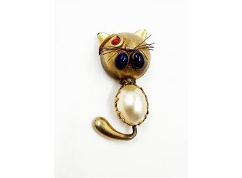 (J-28) ADORABLE VINTAGE ITALIAN BROOCH - ONE EYED CAT WITH WHISKERS - MADE IN ITALY