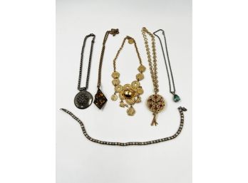 (J-110) LOT OF SIX VINTAGE COSTUME JEWELRY NECKLACES - BEN-AMUN, ASIAN COIN, RHINESTONE