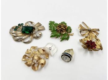 (J-73) LOT OF FIVE VINTAGE COSTUME JEWELRY PIECES - WATCH RING, STERLING FLOWER