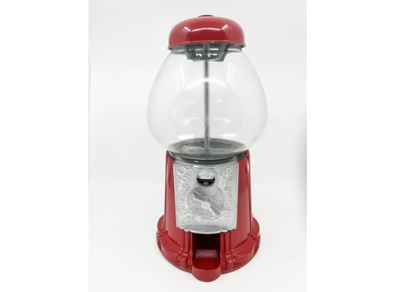(L-2) RED IRON GUM BALL MACHINE WITH GLASS TOP - 15' TALL BY 8' WIDE
