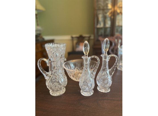 (DR-3) LOT OF FIVE VINTAGE CRYSTAL PIECES - PAIR OF CRUETS, VASE, PITCHER & BOWL W/TINY CHIP -  7'-14'