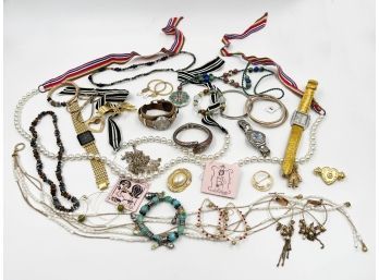 (J-1) LOT OF APPROX. 30 PIECES OF COSTUME JEWELRY-WATCHES, PINS, NECKLACES AND BRACELETS AS SHOWN