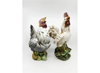 (B-5) VINTAGE PAIR OF CERAMIC KITCHEN ROOSTERS - ONE CHIP TO BEAK  - 13'