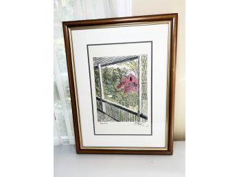 (L-27) SIGNED ART LITHO 'FRONT PORCH' WITH VIEW OF RED HOUSE -  FRAMED 20' BY 27'