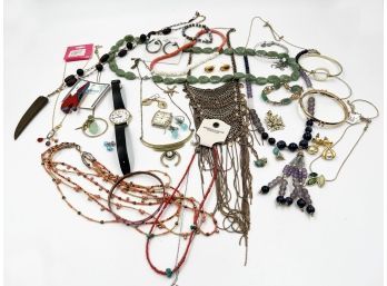 (J4) LOT OF APPROX. 30 PIECES OF COSTUME JEWELRY-WATCHES, PINS, NECKLACES AND BRACELETS AS SHOWN