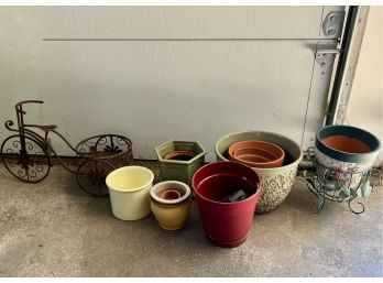 LOT OF ASSORTED POTS & PLANTERS & BICYCLE PLANT STAND