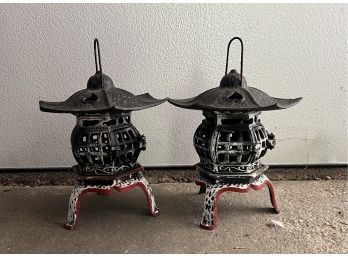 (G-5) PAIR OF VINTAGE CAST IRON CHINESE LANTERNS - CANDLE HOLDERS - YARD DECOR - 12' BY 7' WIDE