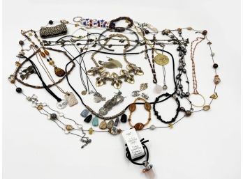 (J-9) LOT OF APPROX. 30 PIECES OF COSTUME JEWELRY-EARRINGS, PINS, NECKLACES AND BRACELETS AS SHOWN