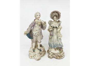 (L-12) PAIR OF VINTAGE 'CORDEY' PORCELAIN COLONIAL COUPLE FIGURINES - STATUES - 11' TALL