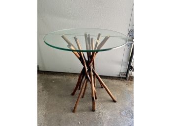 (G-3) GLASS TOP ACCENT TABLE WITH HEAVY WOOD TWIG LEGS - Adirondack STYLE - 24' ACROSS BY 26' TALL