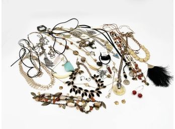 (J-11) LOT OF APPROX. 30 PIECES OF COSTUME JEWELRY-EARRINGS, PINS, NECKLACES, & BRACELETS  AS SHOWN