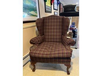 (B-3) VINTAGE ETHAN ALLEN PLAID WING CHAIR WITH NAILHEAD DETAIL - 46' HIGH BY 34' WIDE