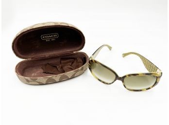 (J-17) PREOWNED PAIR OF COACH SUNGLASSES-COLOR OLIVE WITH CASE-AS SHOWN