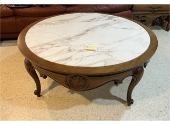(B-4) VINTAGE FRENCH PROVINCIAL ROUND WOOD COFFEE TABLE WITH MARBLE TOP - 40' WIDE BY 16' TALL