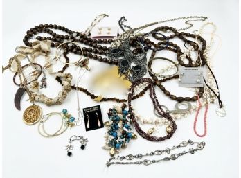 (J-8) LOT OF APPROX. 30 PIECES OF COSTUME JEWELRY-EARRINGS, PINS, NECKLACES AND BRACELETS AS SHOWN