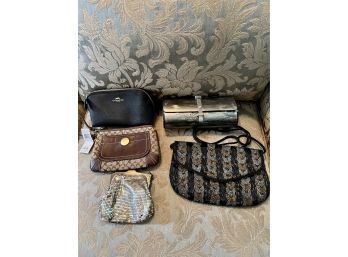 (B-5) LOT OF FIVE VINTAGE BAGS - COACH POUCH & WRISTLET, WHITING & DAVIS MESH, BEADED & CLUTCH-GREAT CONDITION