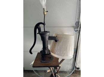 (G-8) VINTAGE CAST IRON 'UNION ?' WATER PUMP MADE INTO A LAMP - 32' TALL, WITH 2 NEW SHADES INCLUDED