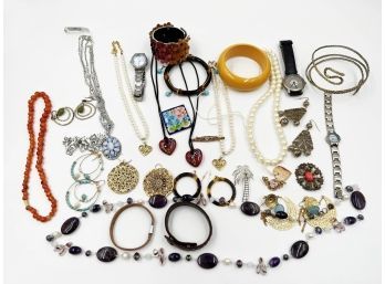 (J-2) LOT OF APPROX. 30 PIECES OF COSTUME JEWELRY-WATCHES, PINS, NECKLACES AND BRACELETS AS SHOWN