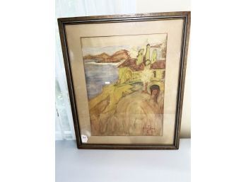 (L-28) SIGNED ALFRED J. SOLOMON, 1928  WATERCOLOR -COUNTRYSIDE SCENE W/LAKE IN AMBER SHADES -FRAMED 21' BY 27'